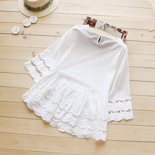 Antonia - White Three Quarter Sleeved Lace and Cotton Blouse