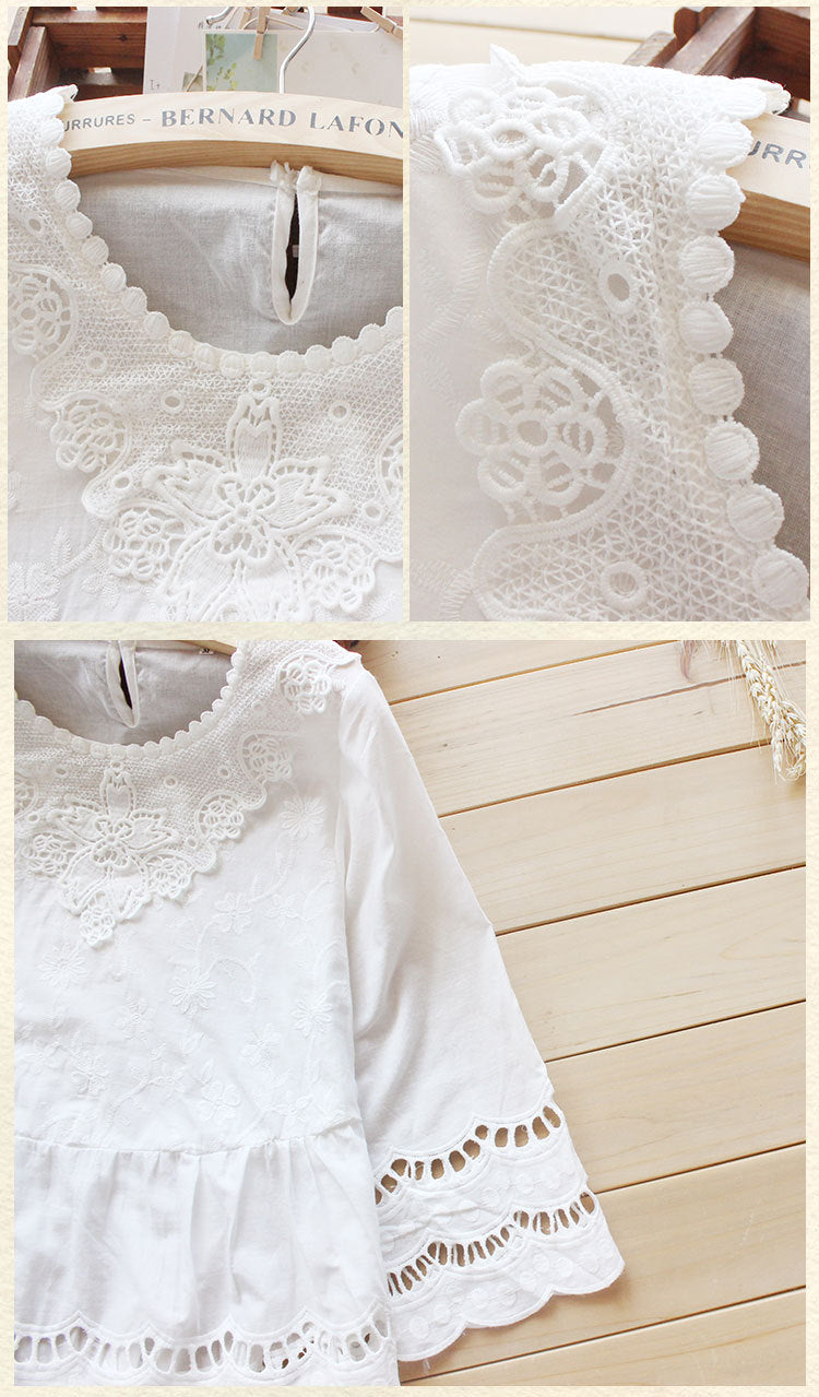 Antonia - White Three Quarter Sleeved Lace and Cotton Blouse