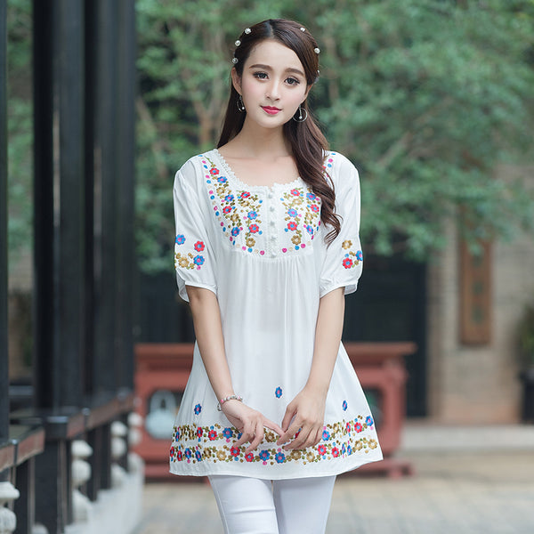 Rita - Long Top with Floral Embroidery