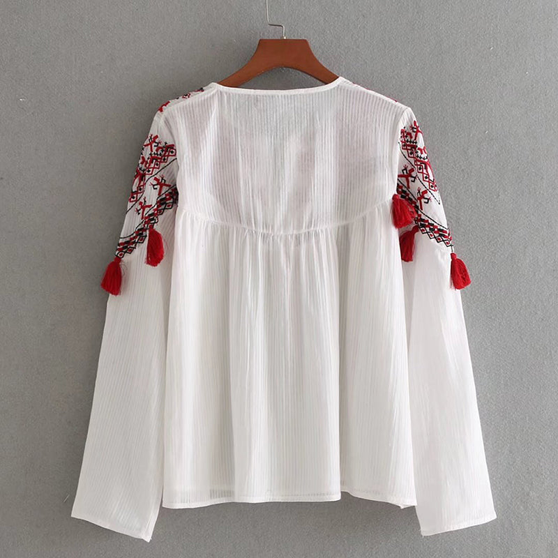 Loretta - Ethnic Shirt with red tassels