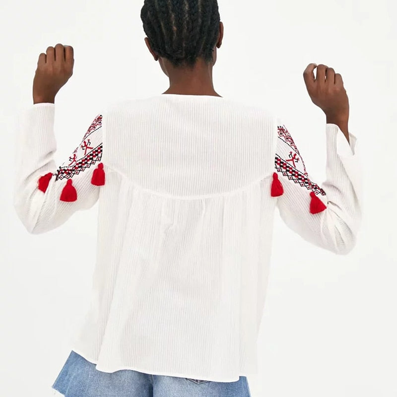 Loretta - Ethnic Shirt with red tassels