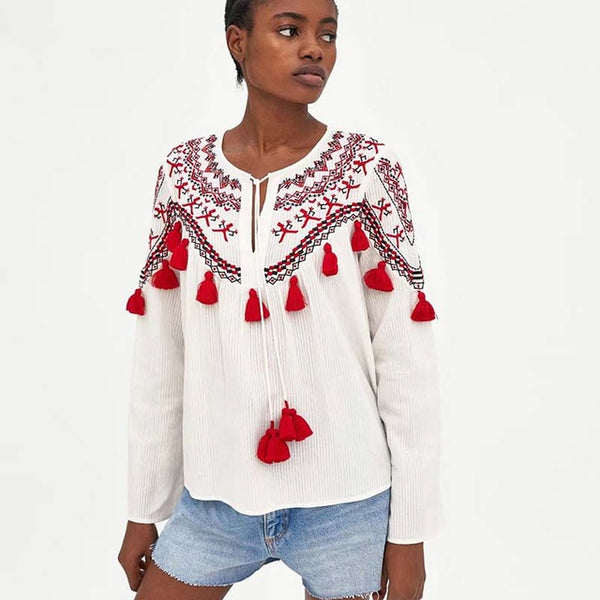 Loretta - Ethnic Shirt with red tassels