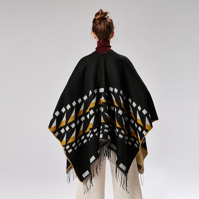 Ariel - Shawl Style Poncho With Geometric Shapes