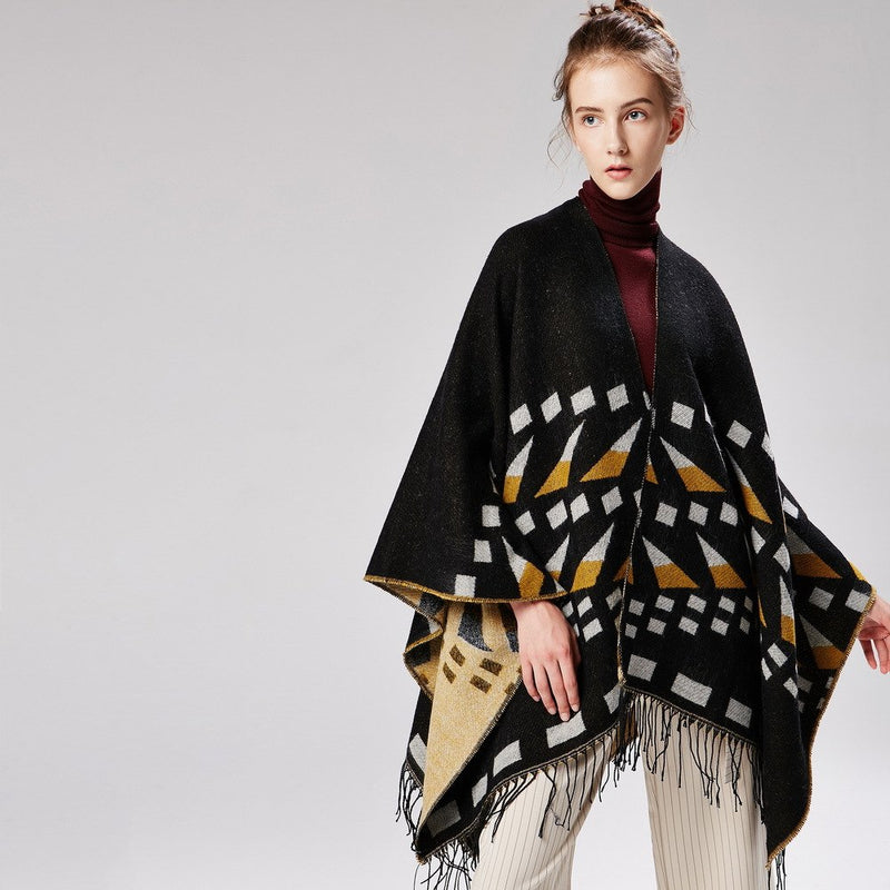 Ariel - Shawl Style Poncho With Geometric Shapes