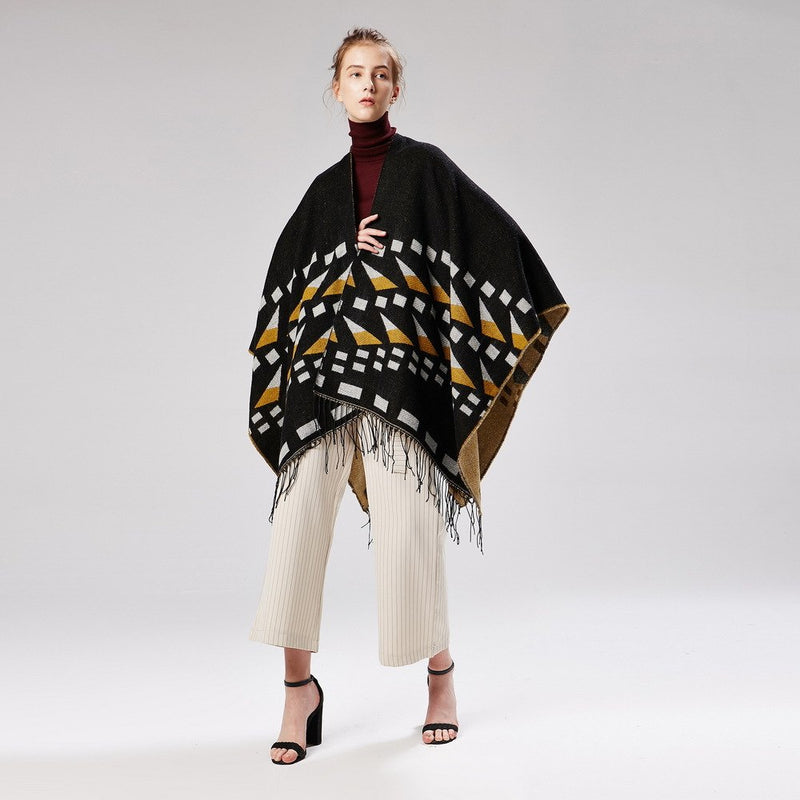 Ariel - Shawl Style Poncho With Geometric Shapes