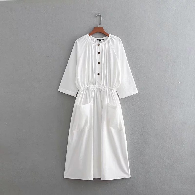 Women's Vintage Cotton Linen Dress Frill Trim 3/4 Sleeve Button Down Casual  Midi Dresses Summer Loose Flowy Sundress Black at Amazon Women's Clothing  store