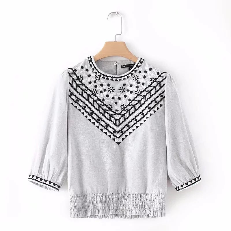 Luisa - Grey Embroidered blouse