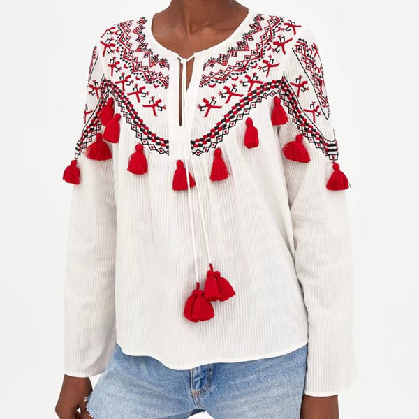 Loretta - Ethnic Shirt with red tassels