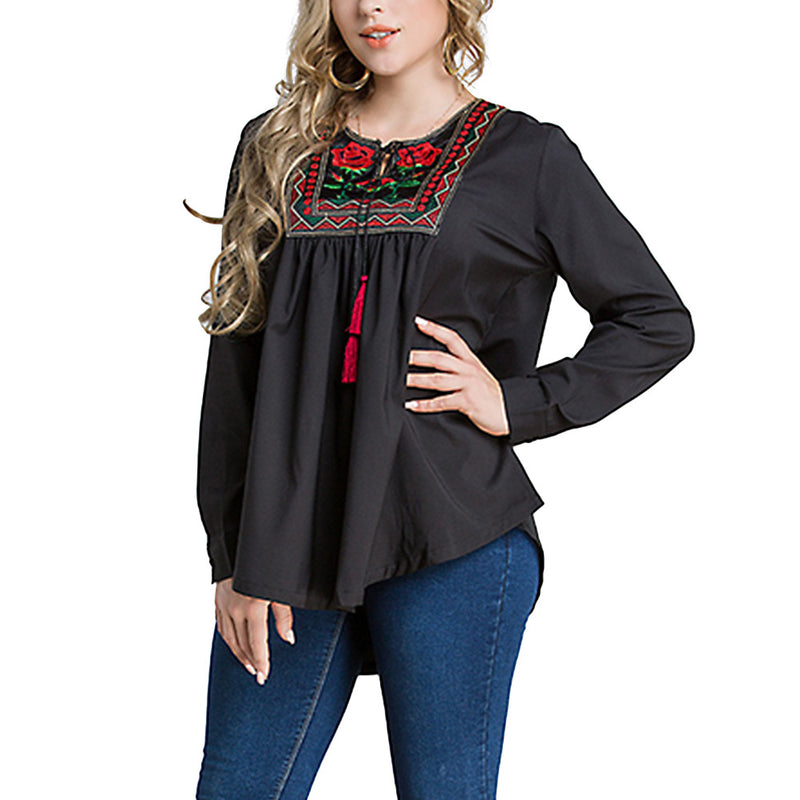 Alma - Loose Floral Embroidered Blouse with tassels