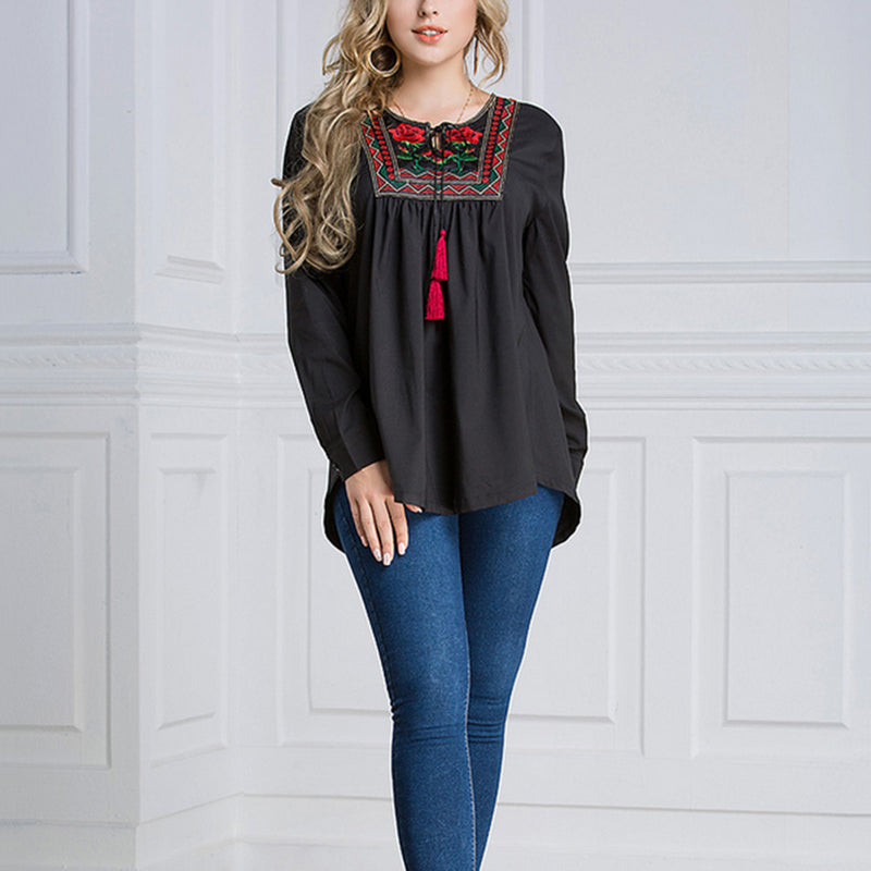 Alma - Loose Floral Embroidered Blouse with tassels