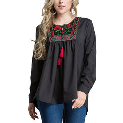 Alma - Loose Floral Embroidered Blouse with tassels