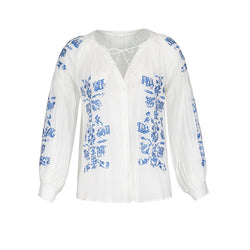 Jenny - White blouse with blue embroidery