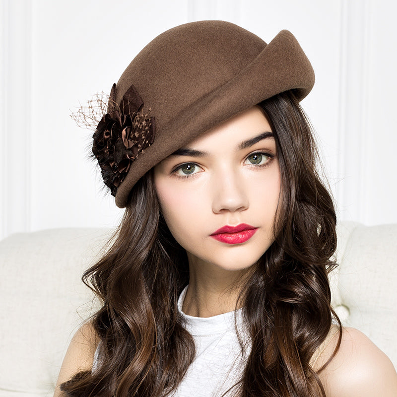 Wool Felt Beret with Flowers