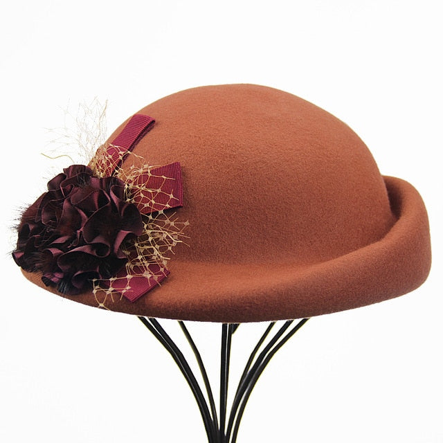 Wool Felt Beret with Flowers