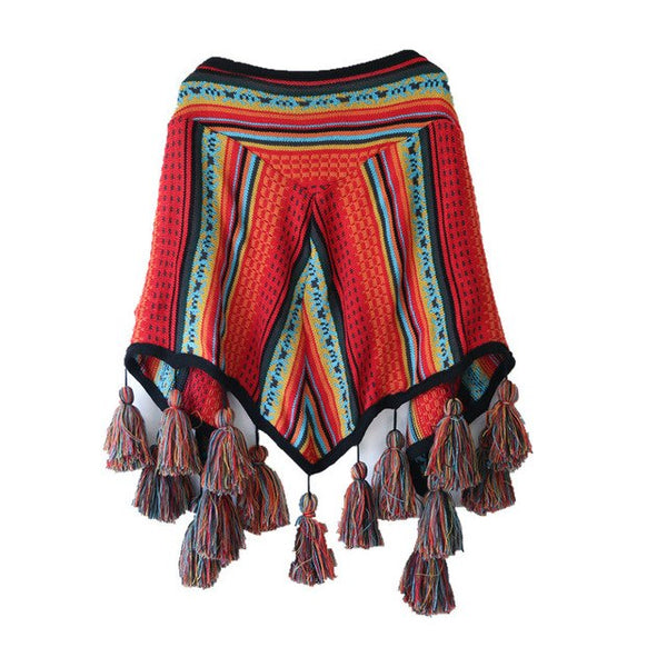 Ramona - Colorful ethnic poncho with tassels